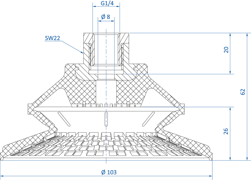 Размеры сильфонной вакуумной присоски FIPA серии SM-B 22.100.202